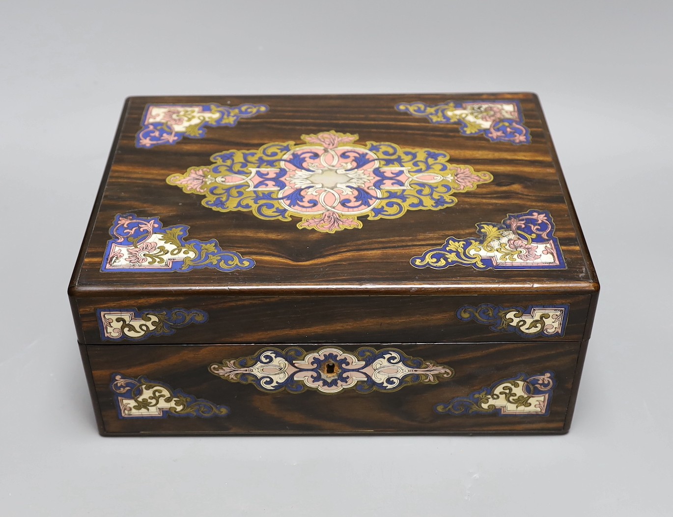 A French rosewood brass inlay and enamelled box, interior missing, 31 cms wide x 12 cms high